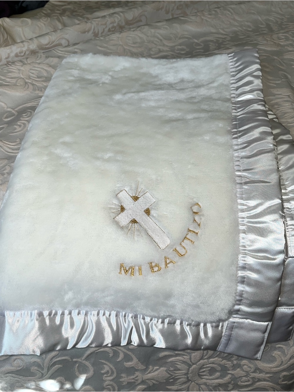 Baby Mink Soft White Satin-Trim Blessed Baby Baptism Blanket - Embroidered Cross